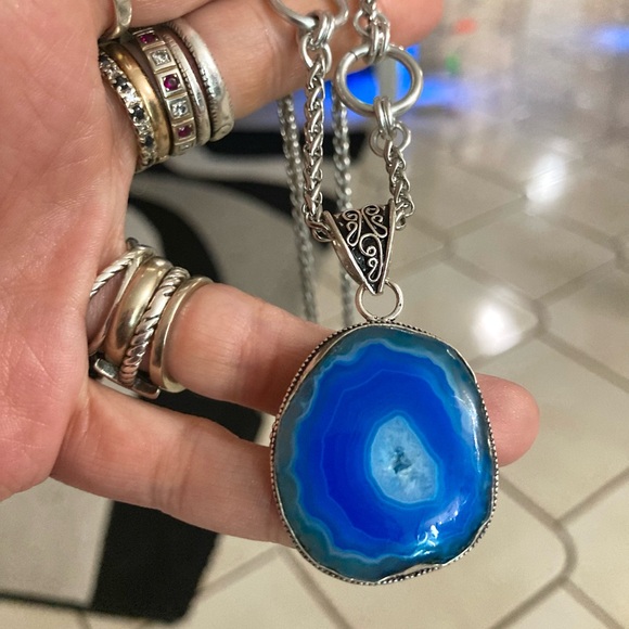 925 sterling silver overlay blue agate slice gemstone charm boho necklace . - Picture 13 of 13